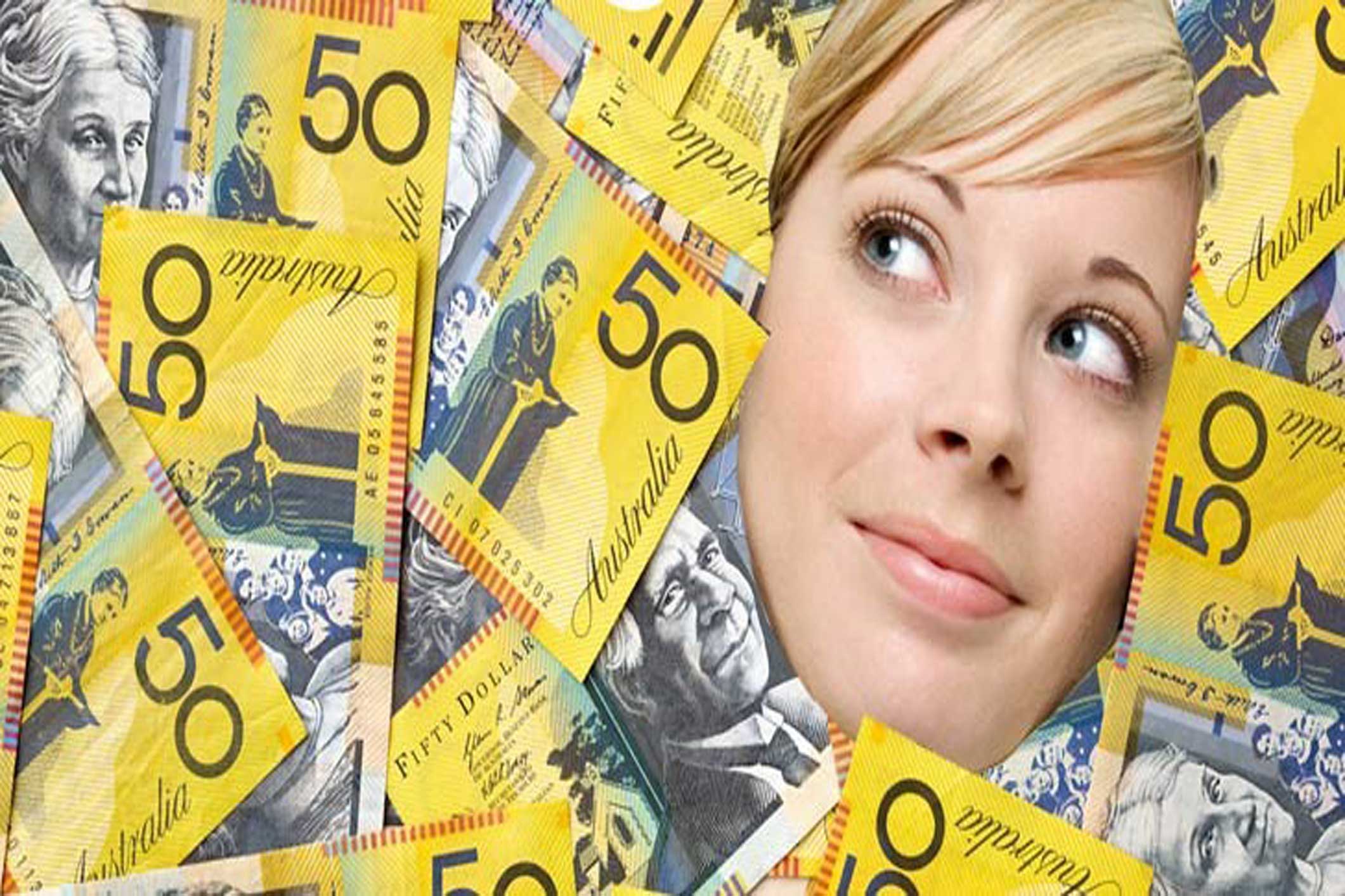 A young woman's face surrounded by fifty dollar notes