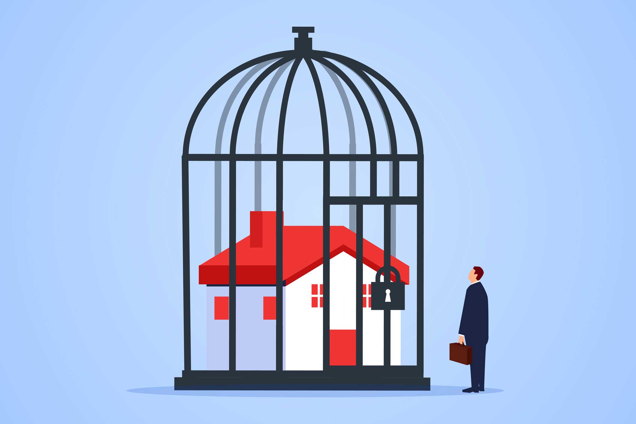 An illustration of a house locked in a bird cage