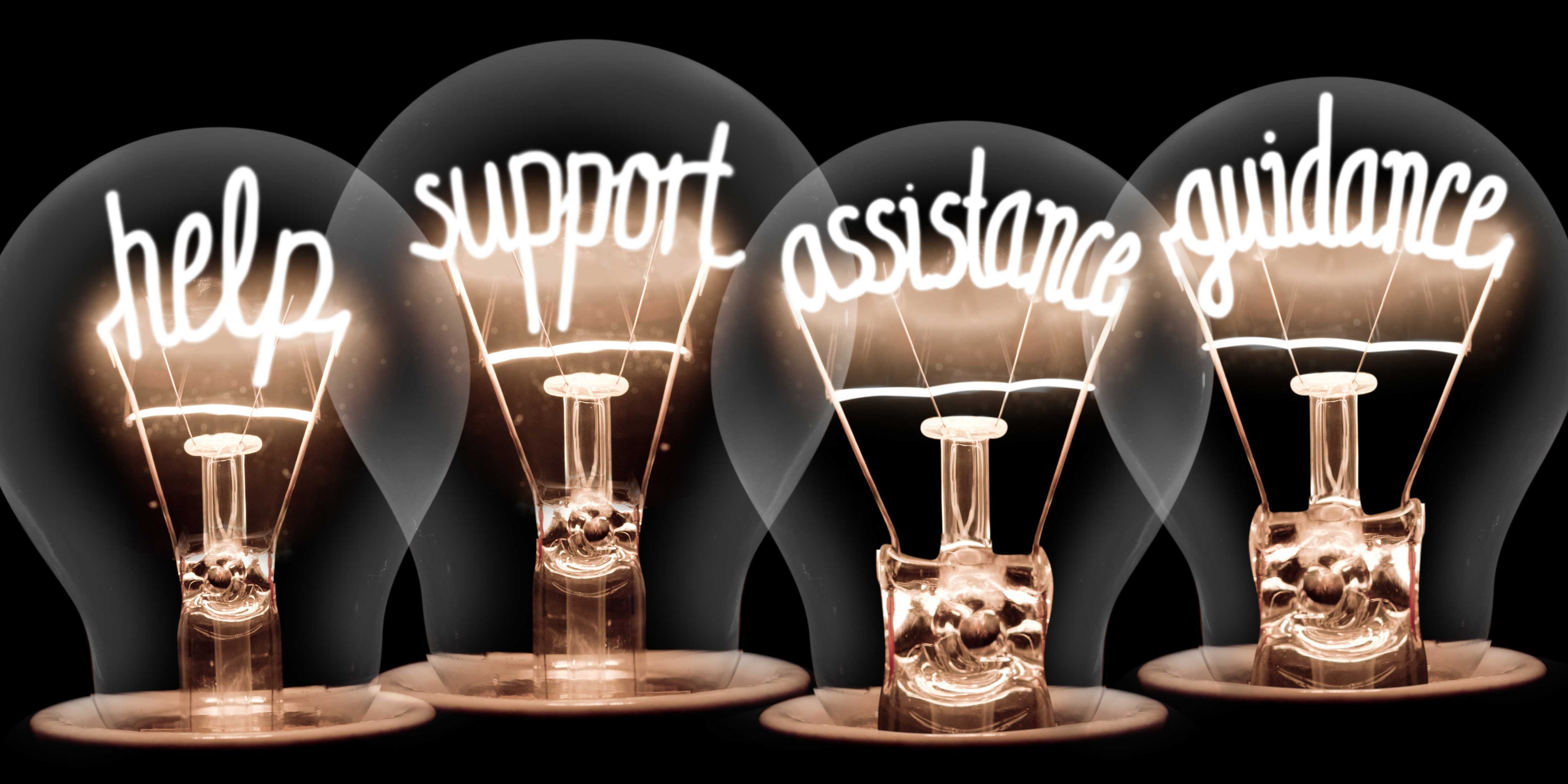 Four lightbulbs that each have a word within the bulb wire. Help, support, assistance, guidance 